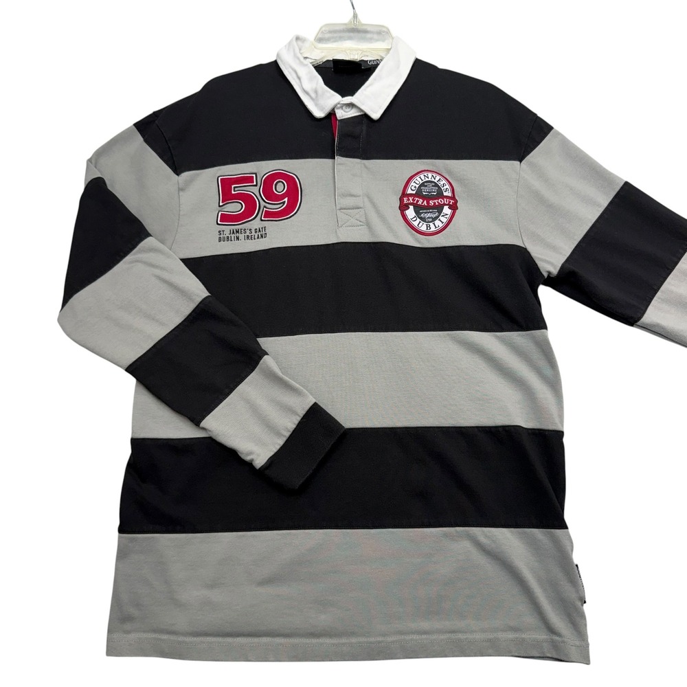 Guinness Rugby Shirt Mens XL Black Grey Striped Long Sleeve Extra Stout 59 Polo